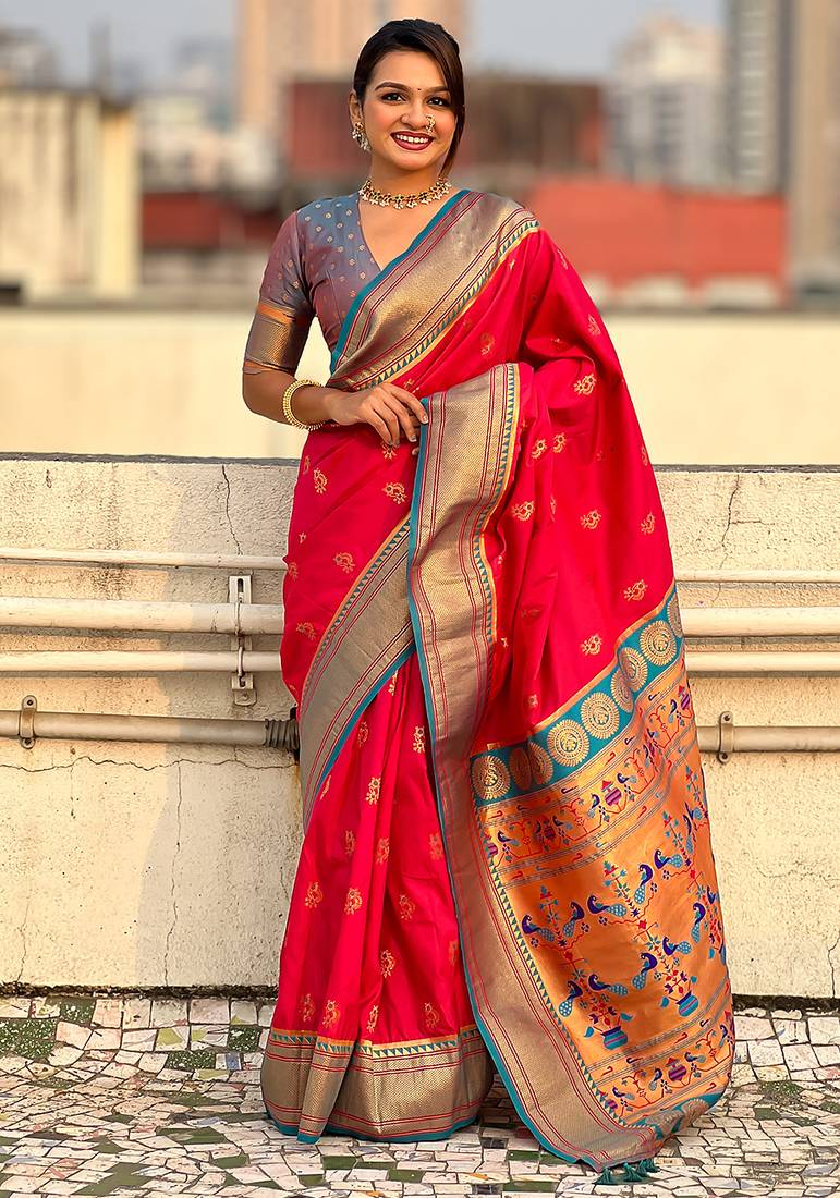 Pink woven self design pure silk paithani saree with blouse