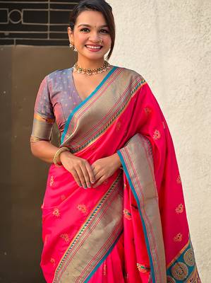 Pink woven self design pure silk paithani saree with blouse 2