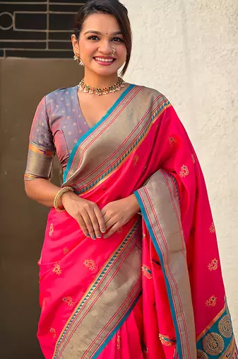 Pink woven self design pure silk paithani saree with blouse