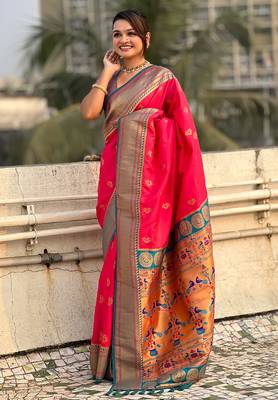 Pink woven self design pure silk paithani saree with blouse 3