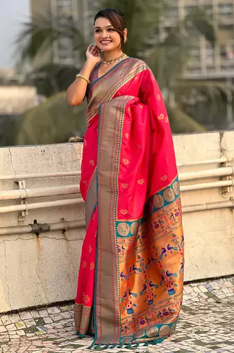 Pink woven self design pure silk paithani saree with blouse