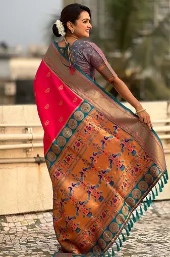 Pink woven self design pure silk paithani saree with blouse