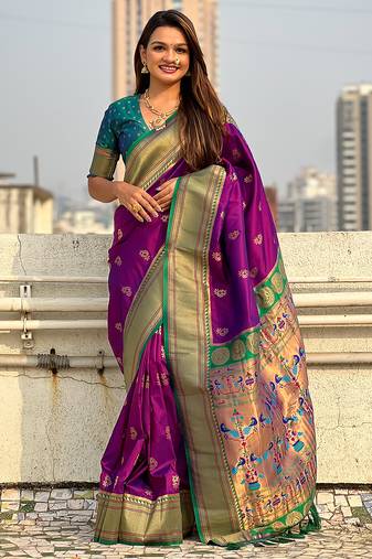 Purple woven self design pure silk paithani saree with blouse