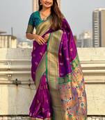 Purple woven self design pure silk paithani saree with blouse