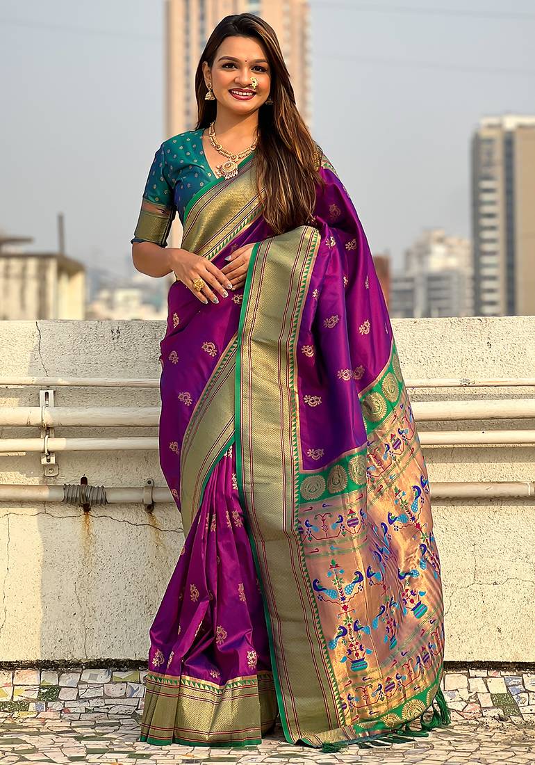 Purple woven self design pure silk paithani saree with blouse