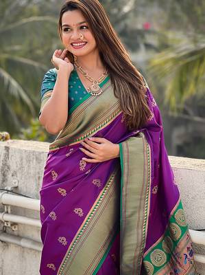 Purple woven self design pure silk paithani saree with blouse 2