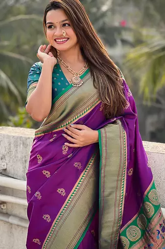 Purple woven self design pure silk paithani saree with blouse