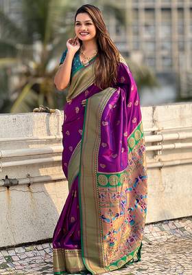 Purple woven self design pure silk paithani saree with blouse 3