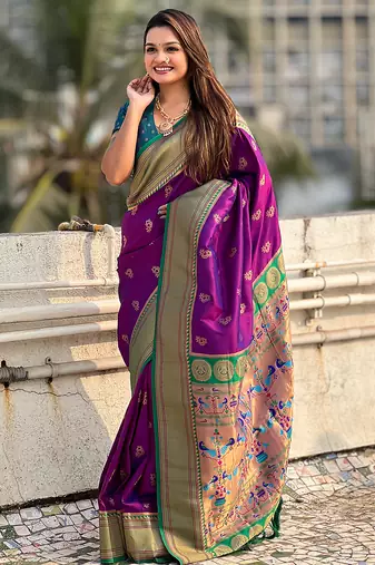 Purple woven self design pure silk paithani saree with blouse