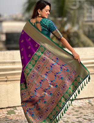 Purple woven self design pure silk paithani saree with blouse 4