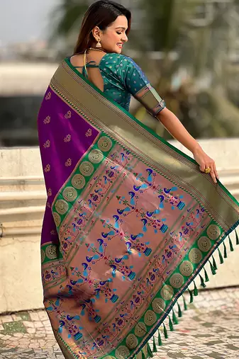 Purple woven self design pure silk paithani saree with blouse