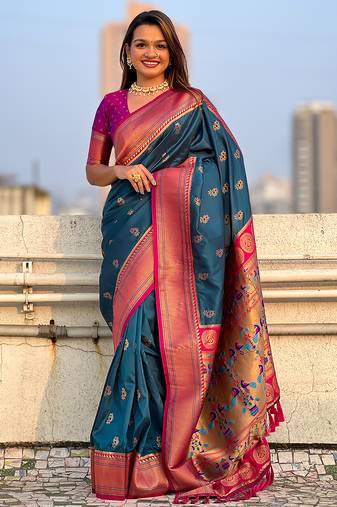 Teal blue woven self design pure silk paithani saree with blouse