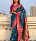 Teal blue woven self design pure silk paithani saree with blouse