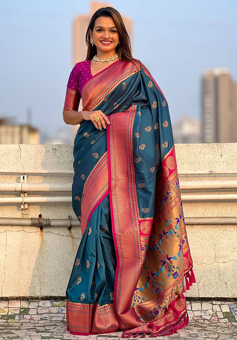 Teal blue woven self design pure silk paithani saree with blouse