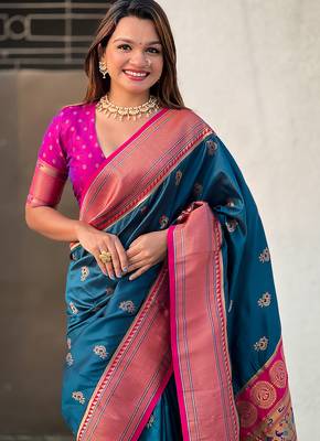 Teal blue woven self design pure silk paithani saree with blouse 2