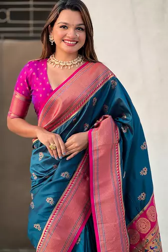 Teal blue woven self design pure silk paithani saree with blouse