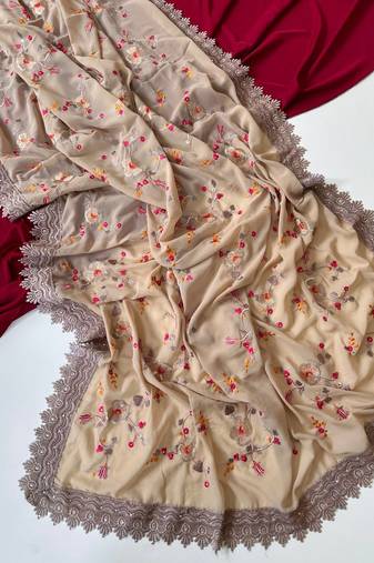 Beige Color  Sequins embroidered jaal and multi thread georgate saree cutwork design 