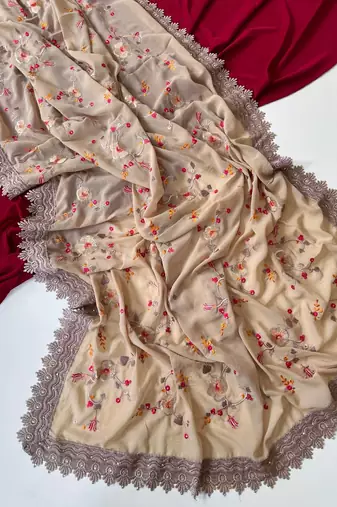 Beige Color  Sequins embroidered jaal and multi thread georgate saree cutwork design 