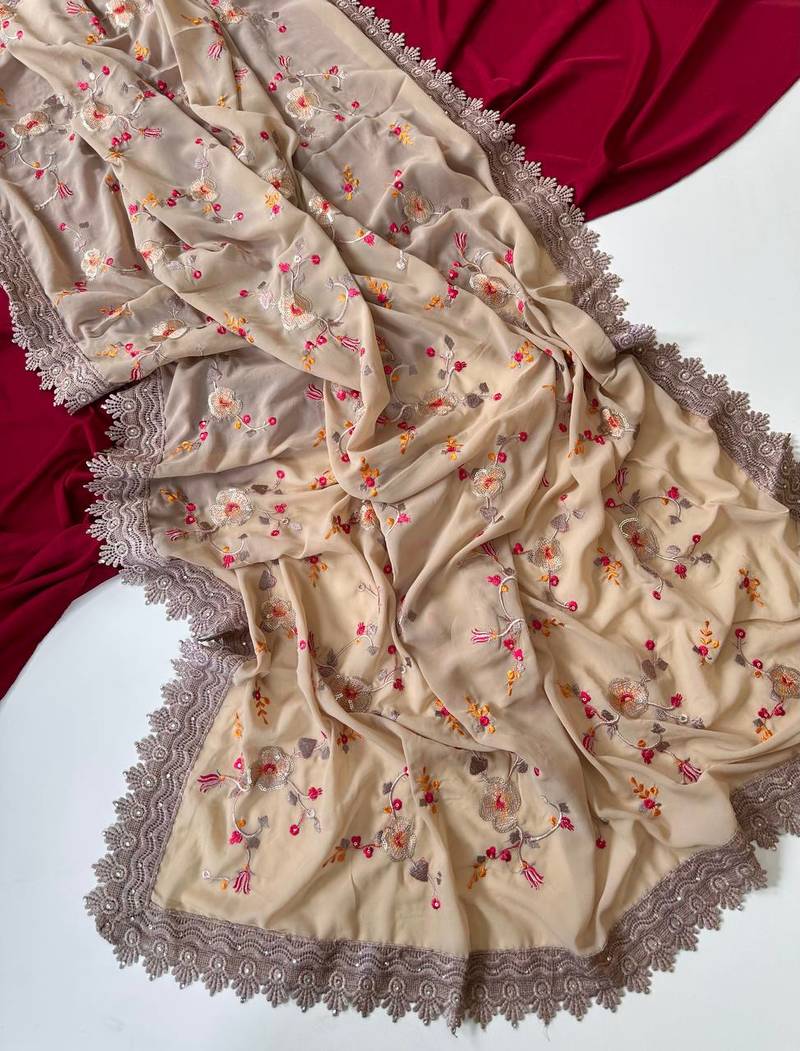 Beige Color  Sequins embroidered jaal and multi thread georgate saree cutwork design 