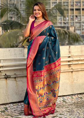 Teal blue woven self design pure silk paithani saree with blouse 3