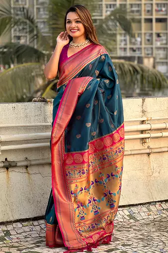 Teal blue woven self design pure silk paithani saree with blouse