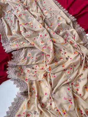 Beige Color  Sequins embroidered jaal and multi thread georgate saree cutwork design  3