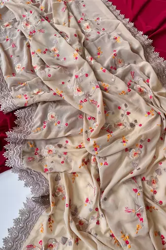 Beige Color  Sequins embroidered jaal and multi thread georgate saree cutwork design 
