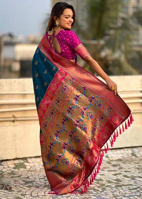 Teal blue woven self design pure silk paithani saree with blouse 4