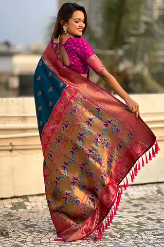 Teal blue woven self design pure silk paithani saree with blouse