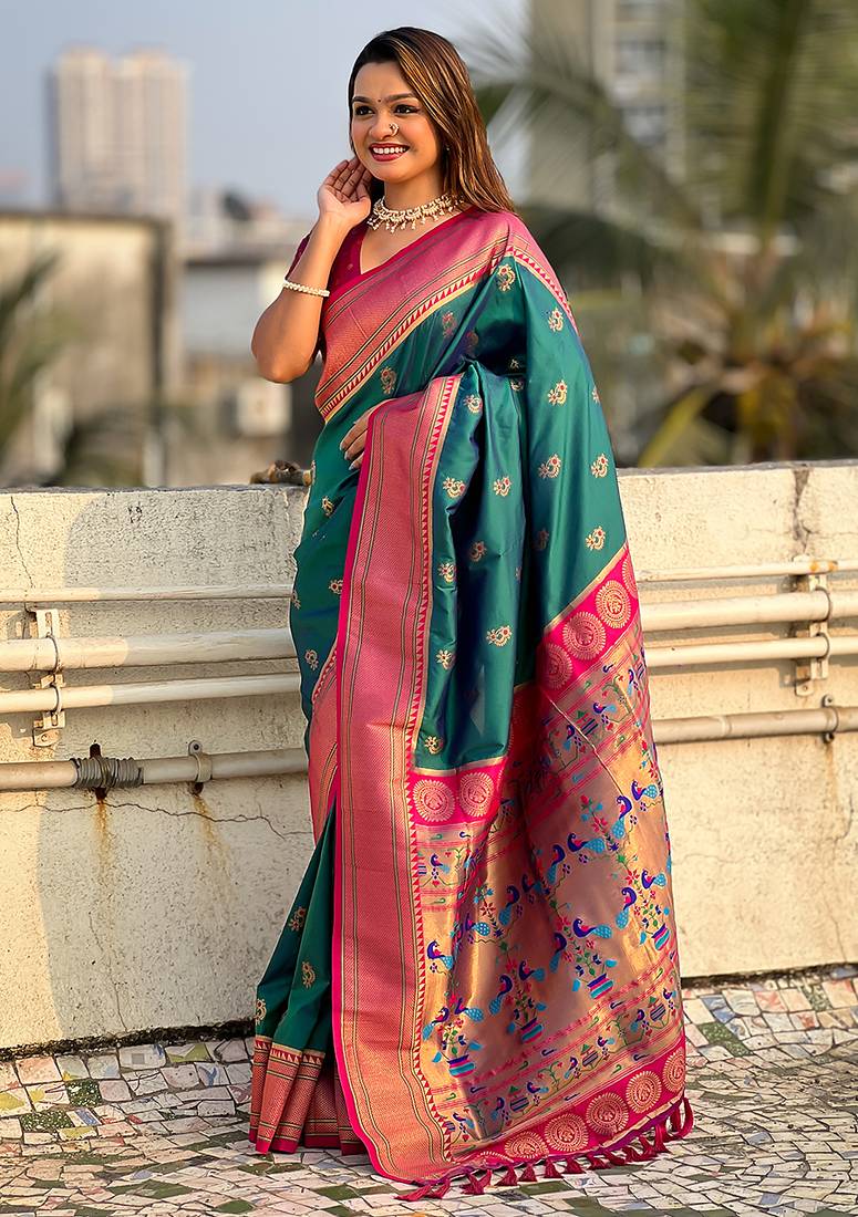 Teal green woven self design pure silk paithani saree with blouse