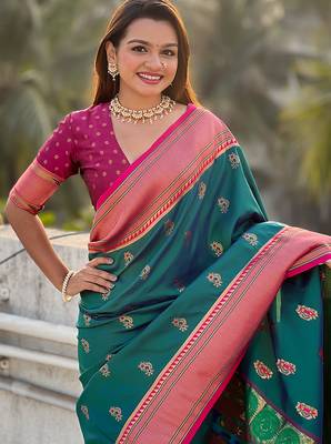 Teal green woven self design pure silk paithani saree with blouse 2