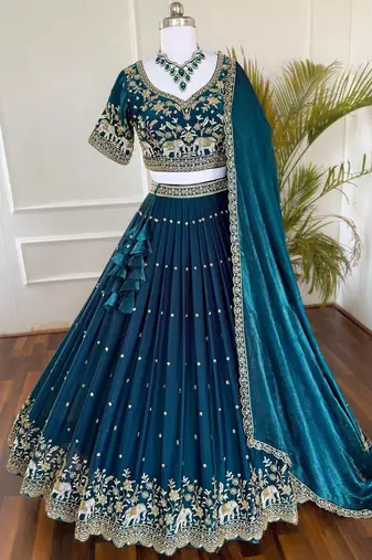 Teal Green Vichitra Silk Sequins & Zari Embroidered Lehenga Choli