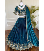 Teal Green Vichitra Silk Sequins & Zari Embroidered Lehenga Choli