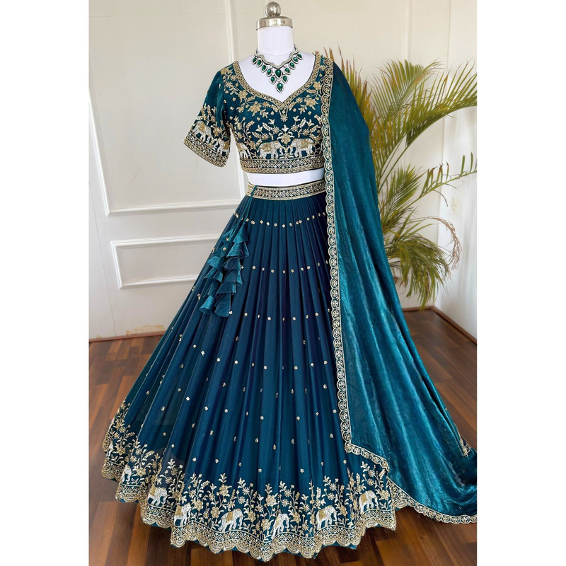 Teal Green Vichitra Silk Sequins & Zari Embroidered Lehenga Choli