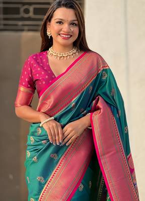 Teal green woven self design pure silk paithani saree with blouse 3