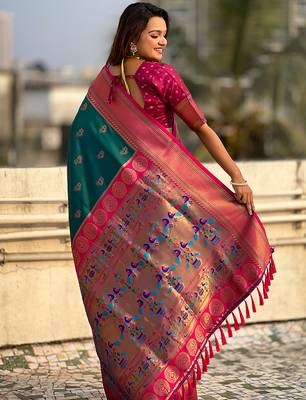 Teal green woven self design pure silk paithani saree with blouse 4