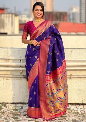 Violet woven self design pure silk paithani saree with blouse 1