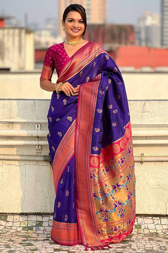 Violet woven self design pure silk paithani saree with blouse