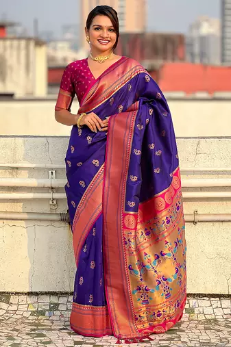 Violet woven self design pure silk paithani saree with blouse