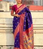 Violet woven self design pure silk paithani saree with blouse