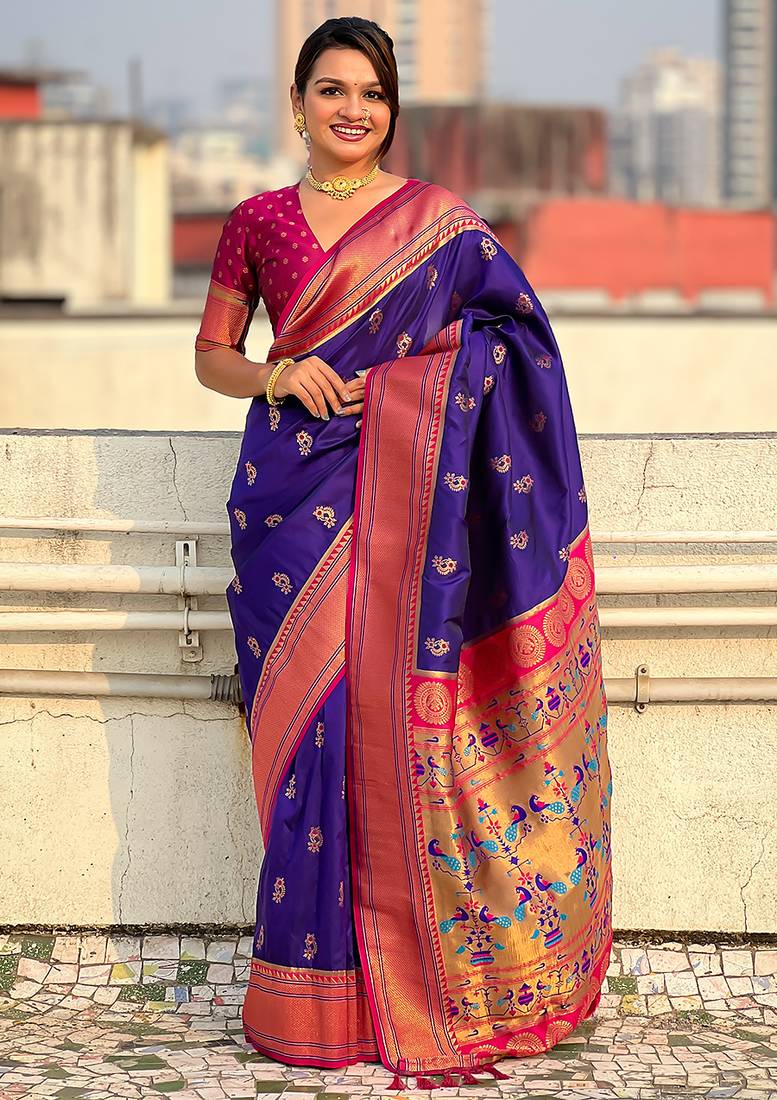Violet woven self design pure silk paithani saree with blouse