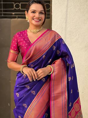 Violet woven self design pure silk paithani saree with blouse 2