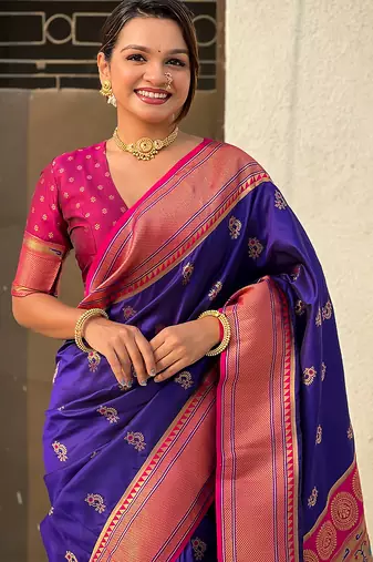 Violet woven self design pure silk paithani saree with blouse