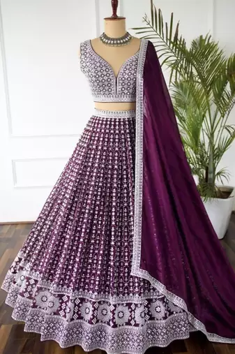 Purple Faux Georgette Sequins & Cotton Thread Embroidered Lehenga Set
