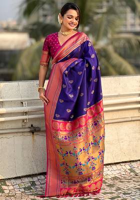 Violet woven self design pure silk paithani saree with blouse 3