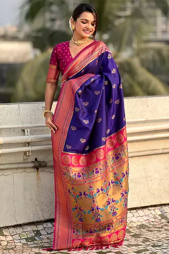 Violet woven self design pure silk paithani saree with blouse