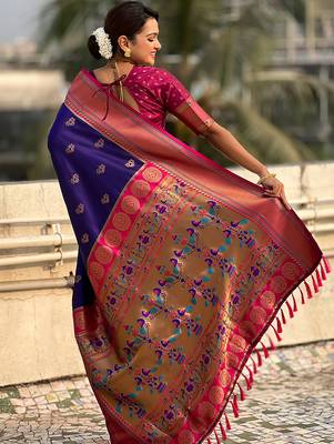Violet woven self design pure silk paithani saree with blouse 4