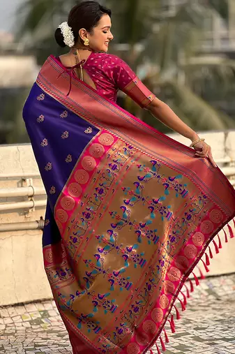 Violet woven self design pure silk paithani saree with blouse