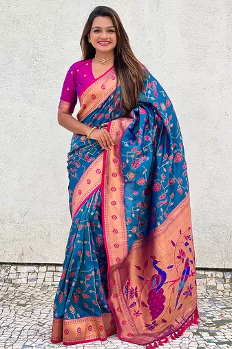 Blue woven self design pure silk paithani saree with blouse