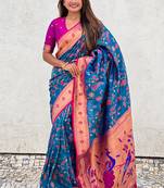 Blue woven self design pure silk paithani saree with blouse